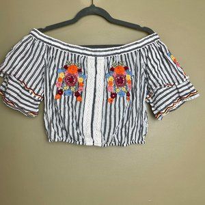 Forever 21 Embroidered Floral Striped Crop Top M